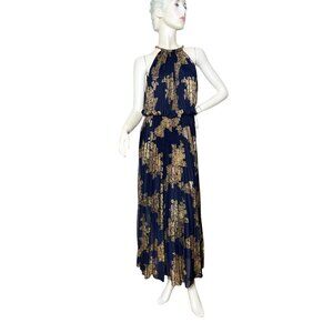 Y2K pleated gown Grecian Goddess inspired with gold metallic print by XSCAPE